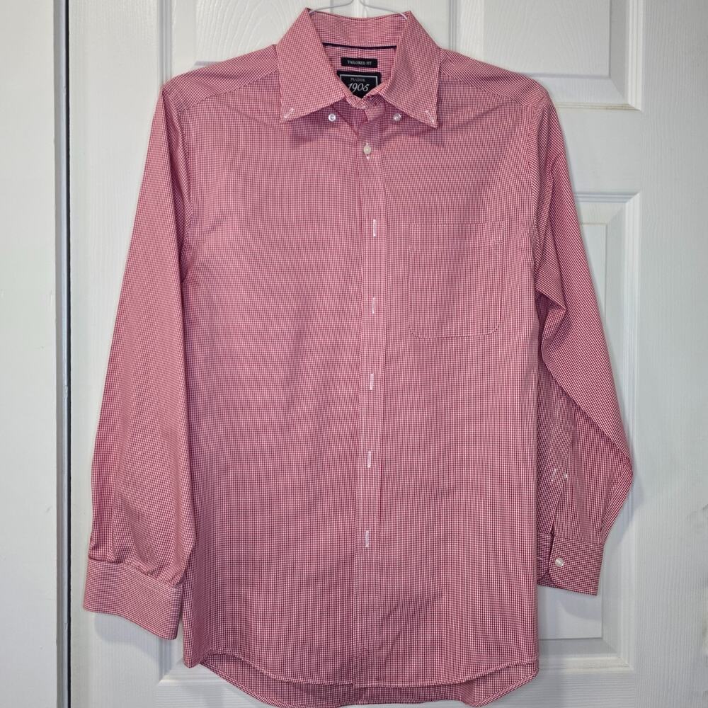 Jos A Bank 1905 Shirt Mens 15.5 33 Red Gingham Check Tailored Fit Cotton